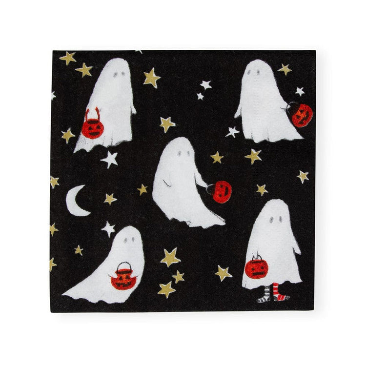 Ghoul's Night Out cocktail napkins featuring white ghosts with pumpkin buckets on a black sky.