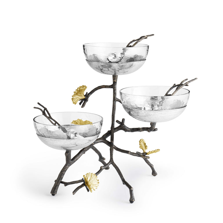 Butterfly Ginkgo triple bowl set with glass bowls, oxidized brass branch stand, and three spoons.