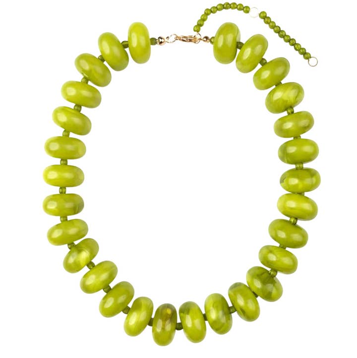 Bailey Chunky Beaded Necklace featuring large, glossy marbled green beads on a gold-tone chain.