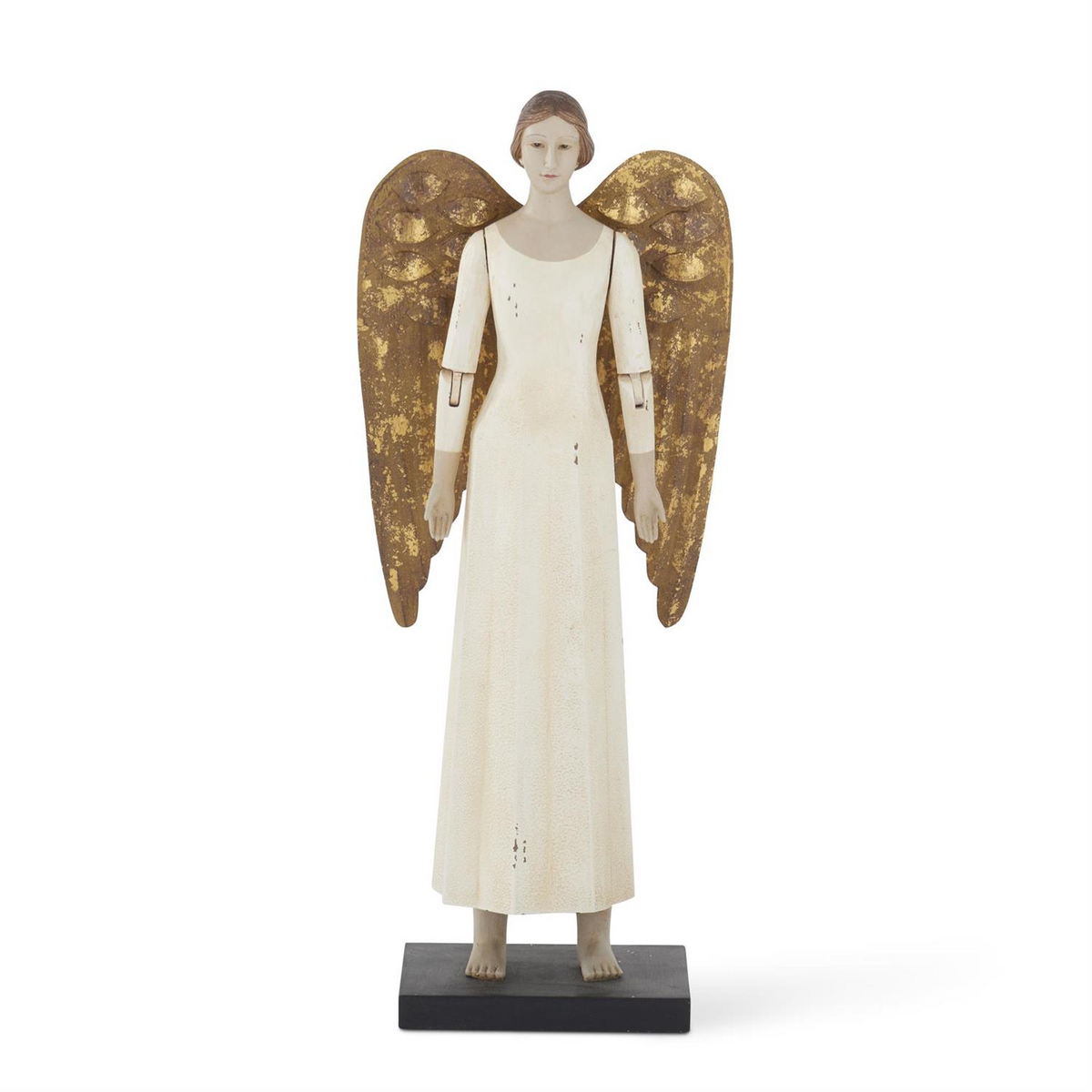 19.25 inch cream angel figurine with gold tin wings on a black rectangular base.