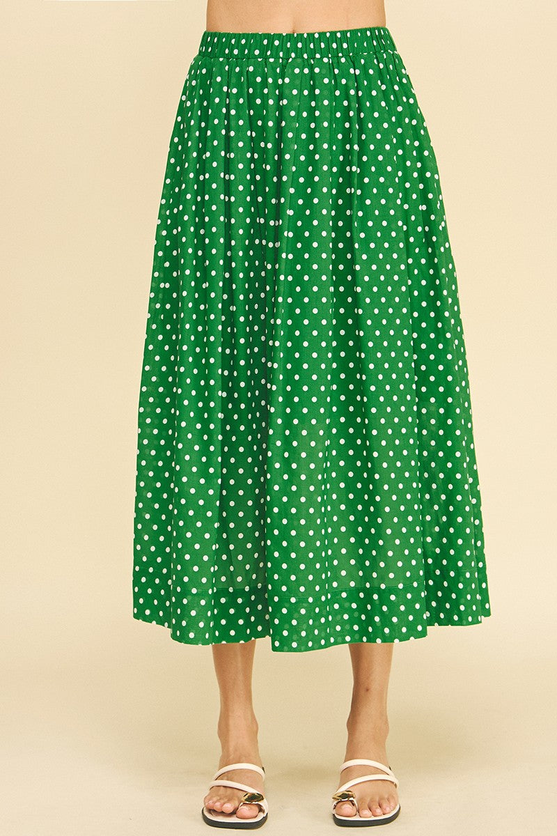 Mila polka dot midi skirt in cotton with elastic waist and pleated detail
