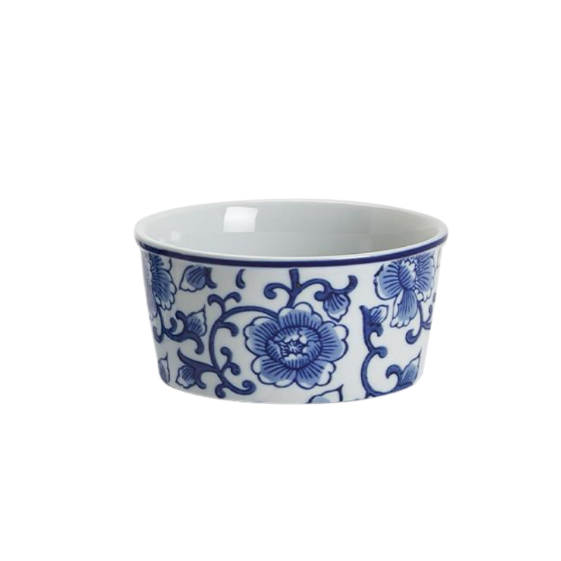8 oz. porcelain deli container holder with blue and white hand-painted Chinoiserie floral pattern.