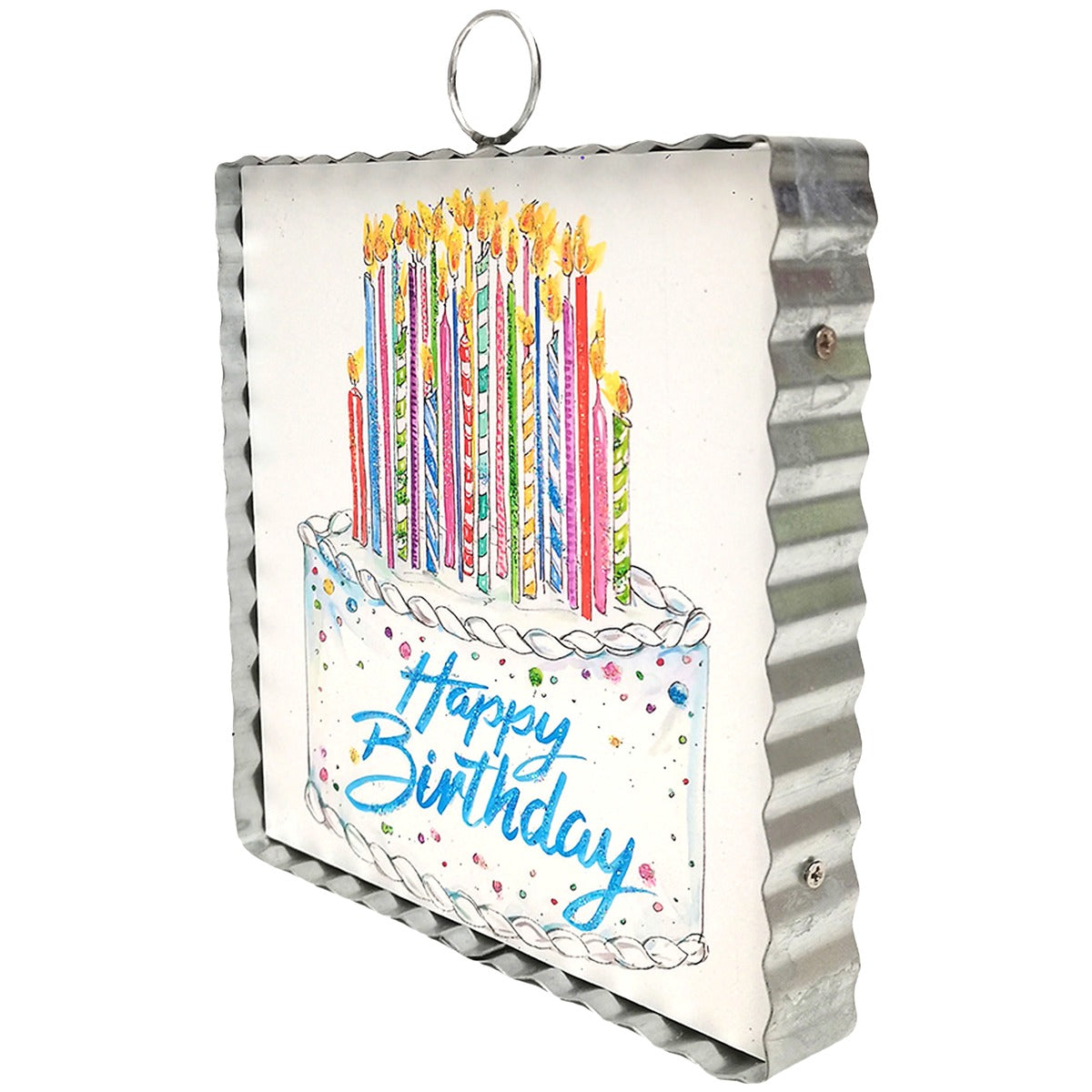 Mini Art Happy Birthday Cake wall hanging with a scalloped metal frame and lit candle illustration.