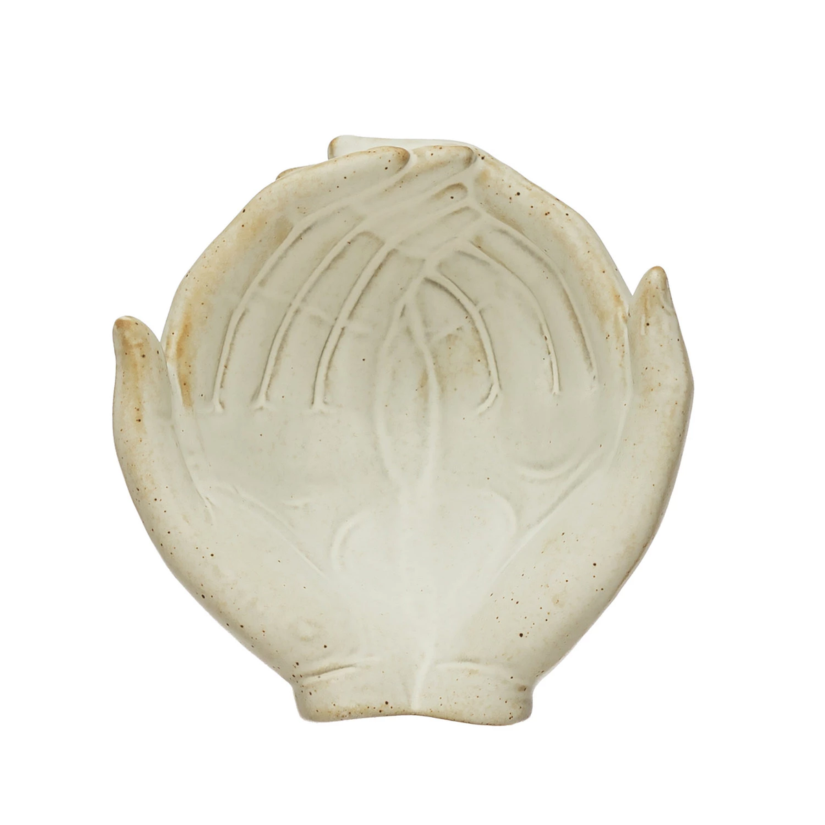 White stoneware hands bowl with reactive glaze finish