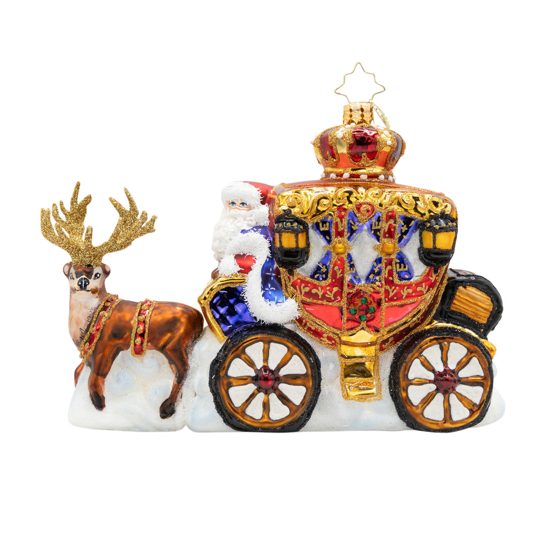 Yuletide Carriage Ride ornament featuring Santa in a gold-trimmed carriage pulled by a reindeer.