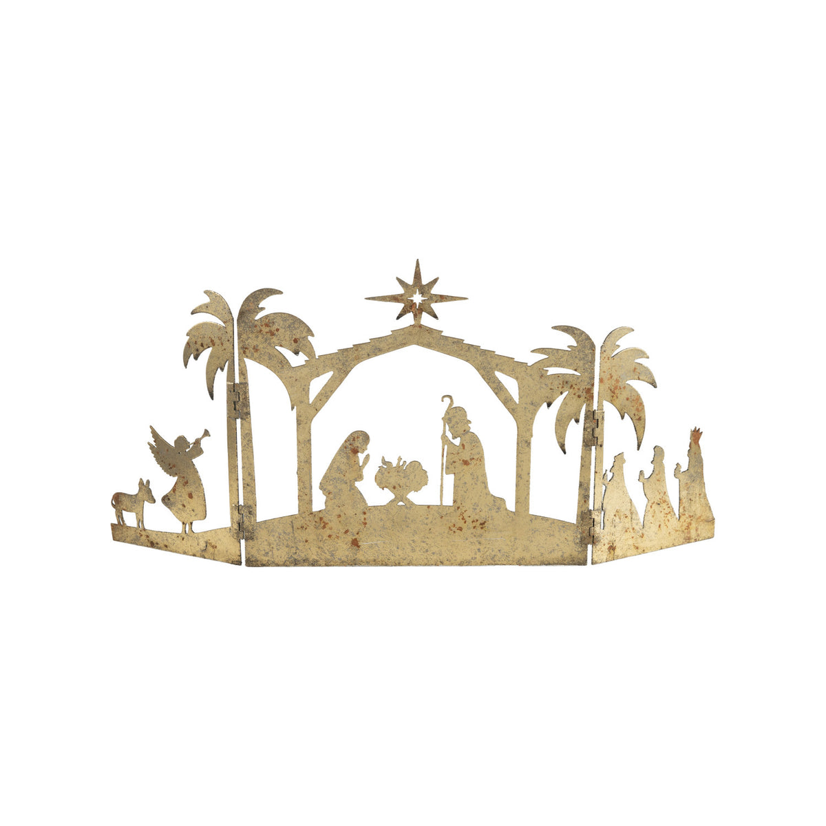 Metal folding mantle nativity scene with a distressed gold finish and silhouette figures.
