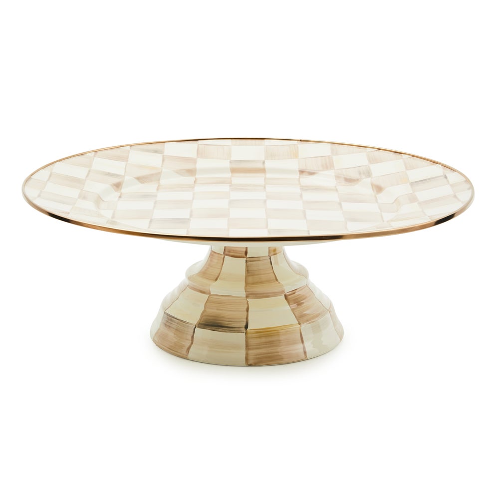 Large pedestal platter with hand-painted mocha check pattern and bronzed stainless steel rim.
