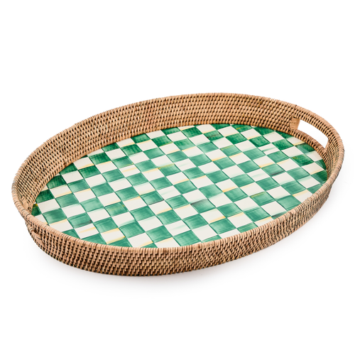 Hand-glazed steel party tray with emerald check pattern and woven rattan rim