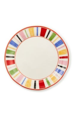 Day at the Fair Dinner Plate featuring a white center and a rim with colorful vertical stripes.