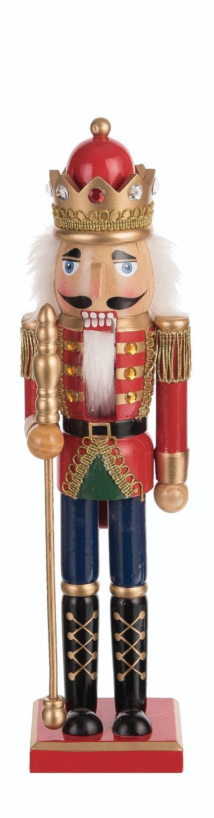 Wooden nutcracker figurine with royal blue accents standing upright.