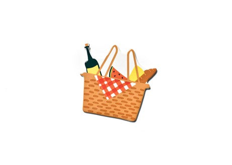Ceramic picnic basket mini attachment with a wine bottle, watermelon, and bread inside.