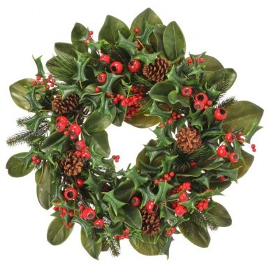 28-inch wreath featuring red berries, pinecones, magnolia leaves, and holly foliage.