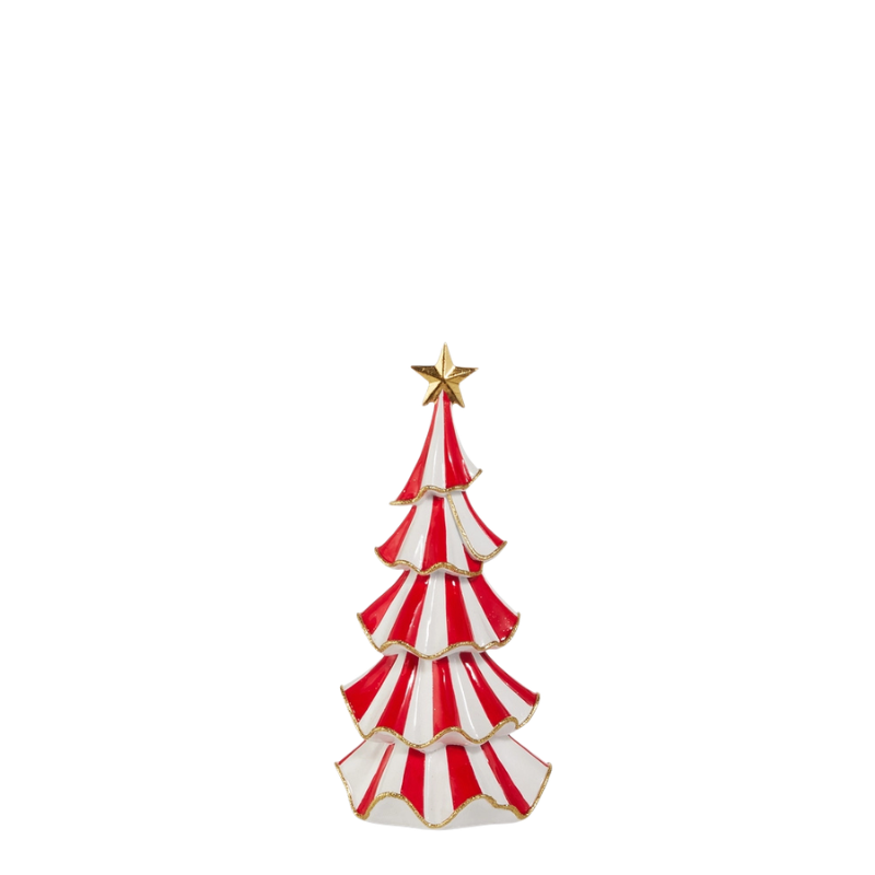 Red and white striped ruffle Christmas tree decoration with gold trim and a gold star topper.
