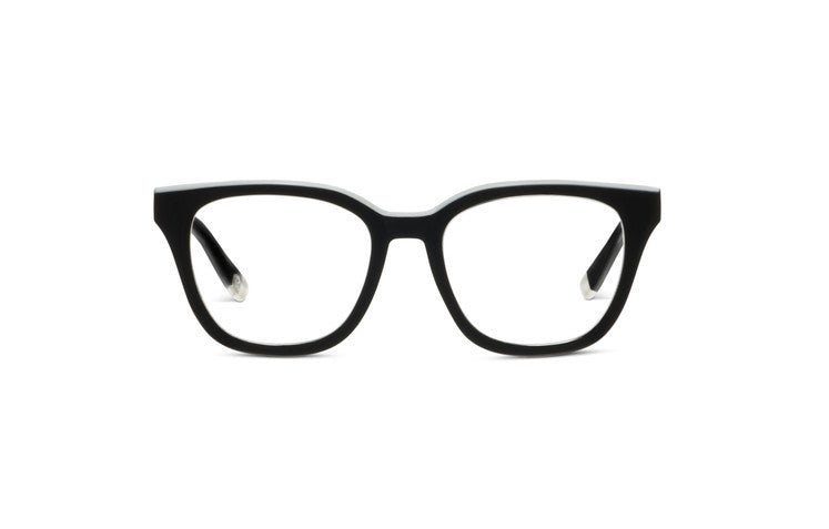 Le Fun Club black square-frame glasses with clear blue light lenses and silver temple tips.