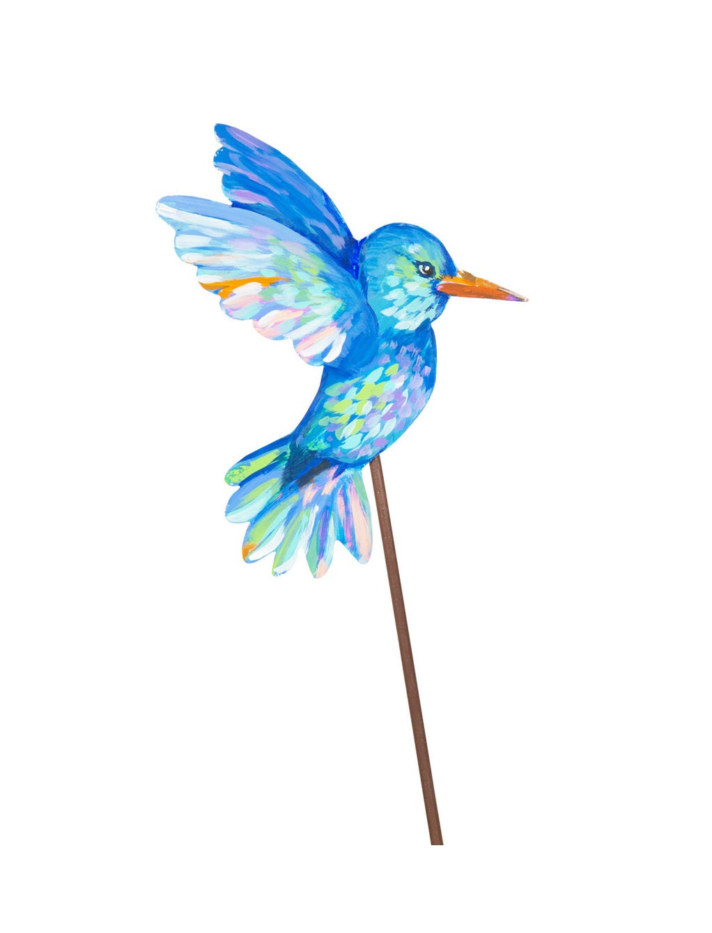 Artful Hummingbird metal stake in black finish with natural wood accents.