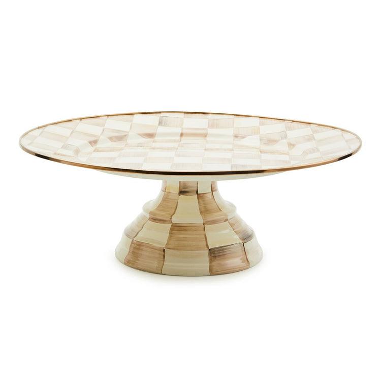Mocha Check Small Pedestal Platter with hand-painted checkered pattern and bronzed rim.