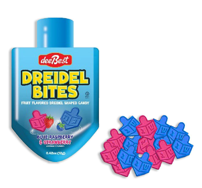 Blue Raspberry and Strawberry Deebest Dreidel Bites candy in a clear container.