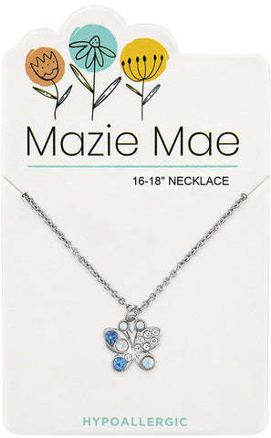 Silver Mazie Mae necklace with a butterfly pendant featuring blue and clear crystals on a card.
