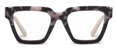 Take A Bow eyeglasses with bold blue light lenses in a recycled polycarbonate frame featuring animal print and solid color blocks.