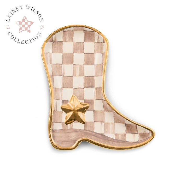 Lainey Wilson x MC Mocha Check Cowboy Boot Dish with gold trim and a gold star accent.