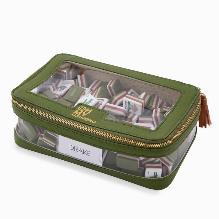 Olive green structured mahjong tile storage bag with clear windows and a gold zipper.