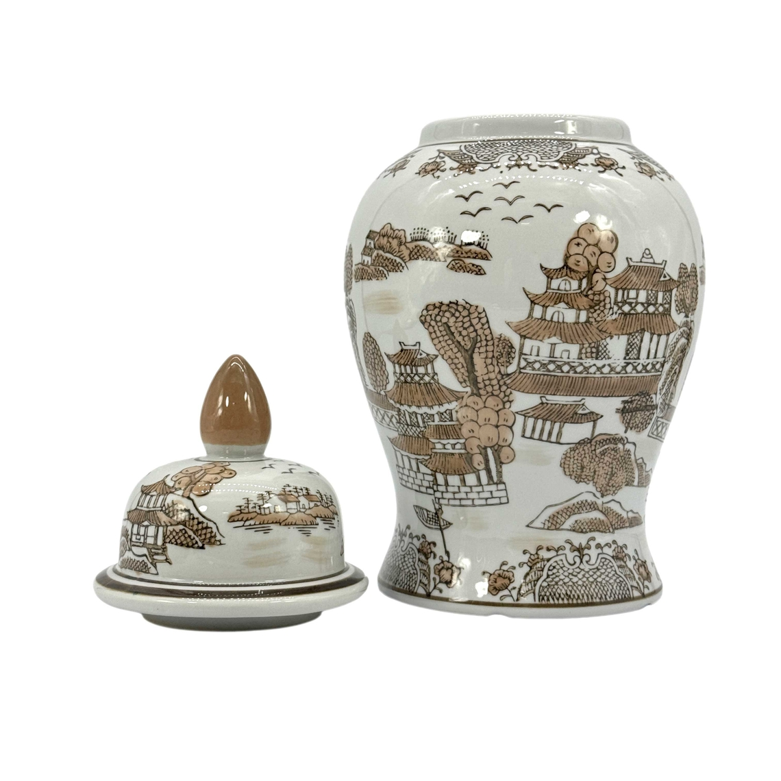 14 inch brown and white chinoiserie ginger jar with a landscape scene and matching lid.