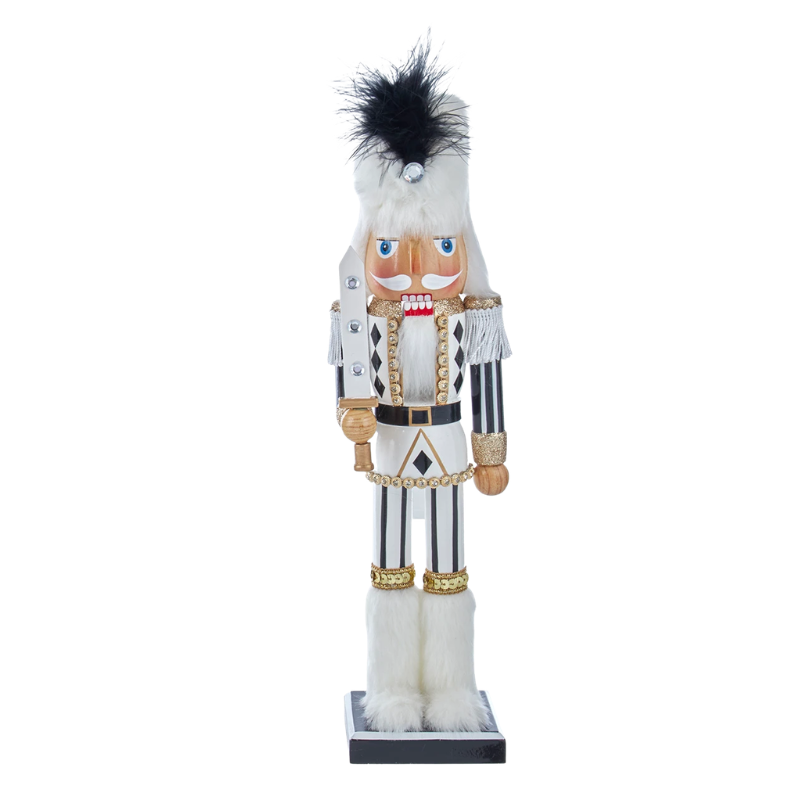 15-inch black, white, and gold wooden nutcracker with a sword and faux fur hat.