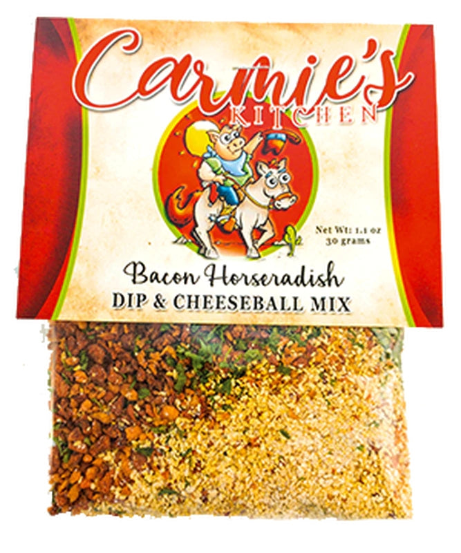 Bacon Horseradish Dip Mix packet with visible bacon pieces on a white background.