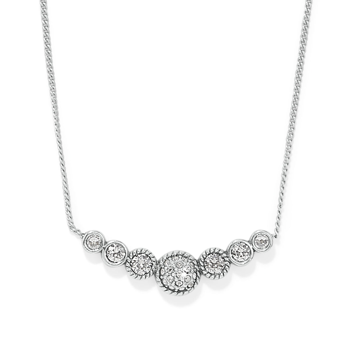 Silver plated Illumina Celeste Bar Necklace with seven graduated crystal-encrusted circular charms.
