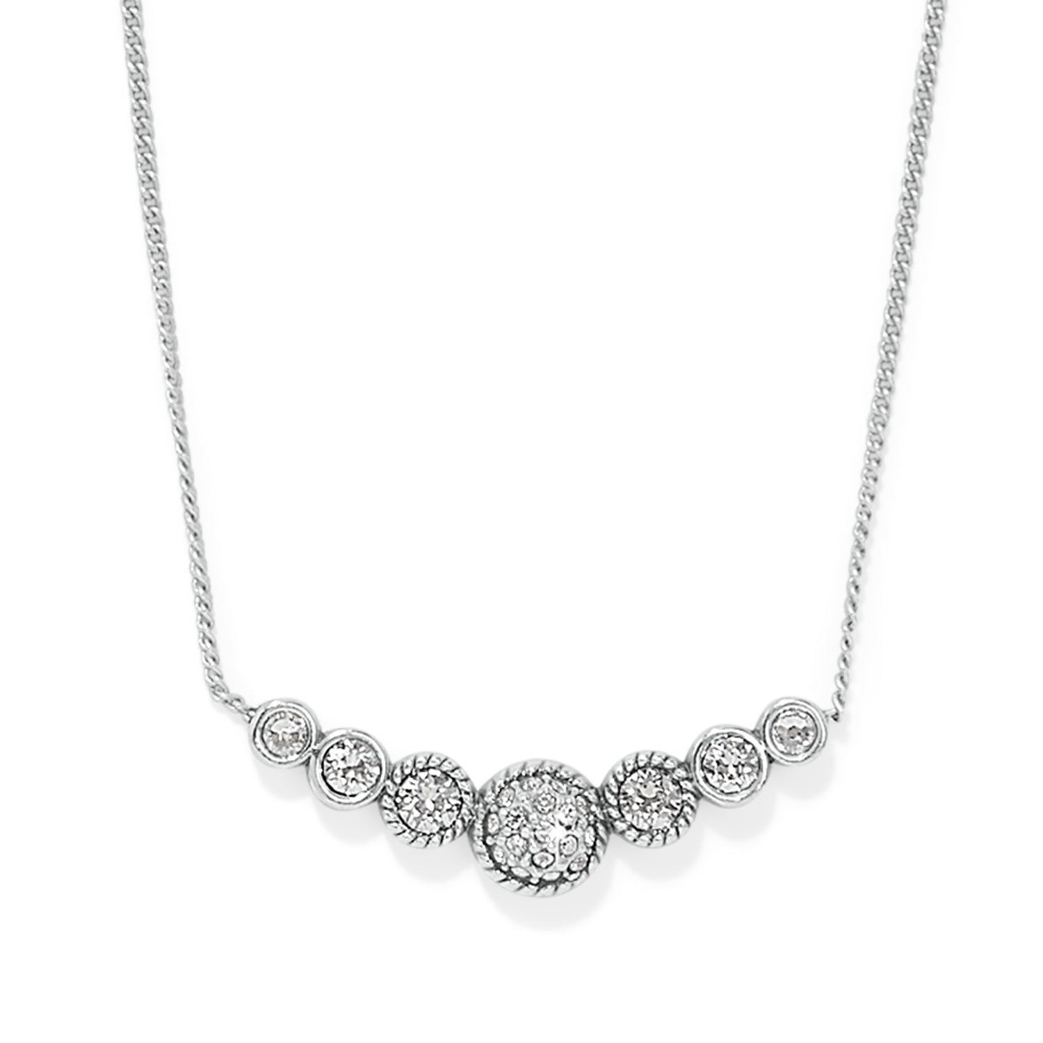 Silver plated Illumina Celeste Bar Necklace with seven graduated crystal-encrusted circular charms.