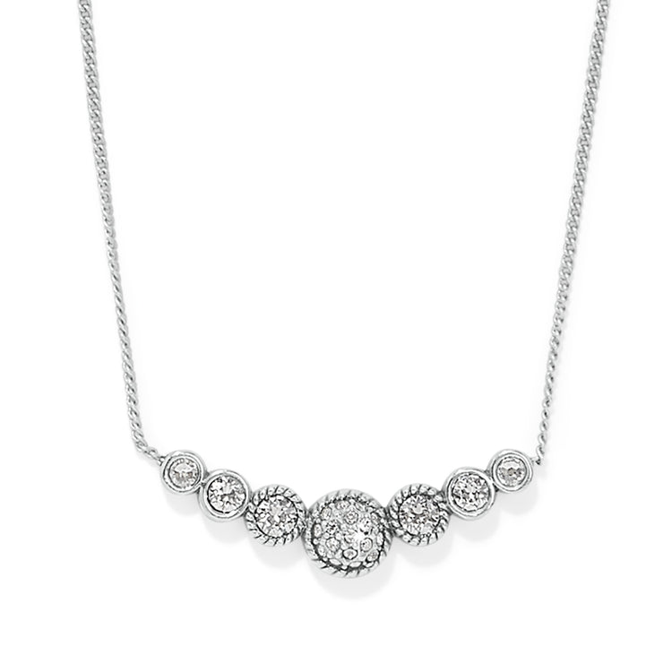 Silver plated Illumina Celeste Bar Necklace with seven graduated crystal-encrusted circular charms.