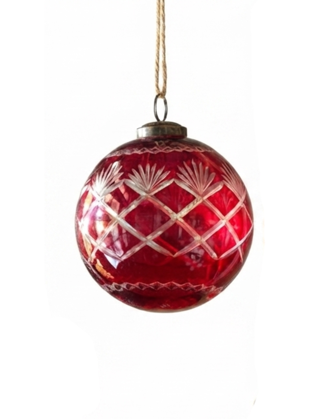 Red etched glass 4-inch Christmas ball ornament with a diamond pattern and hanging string.