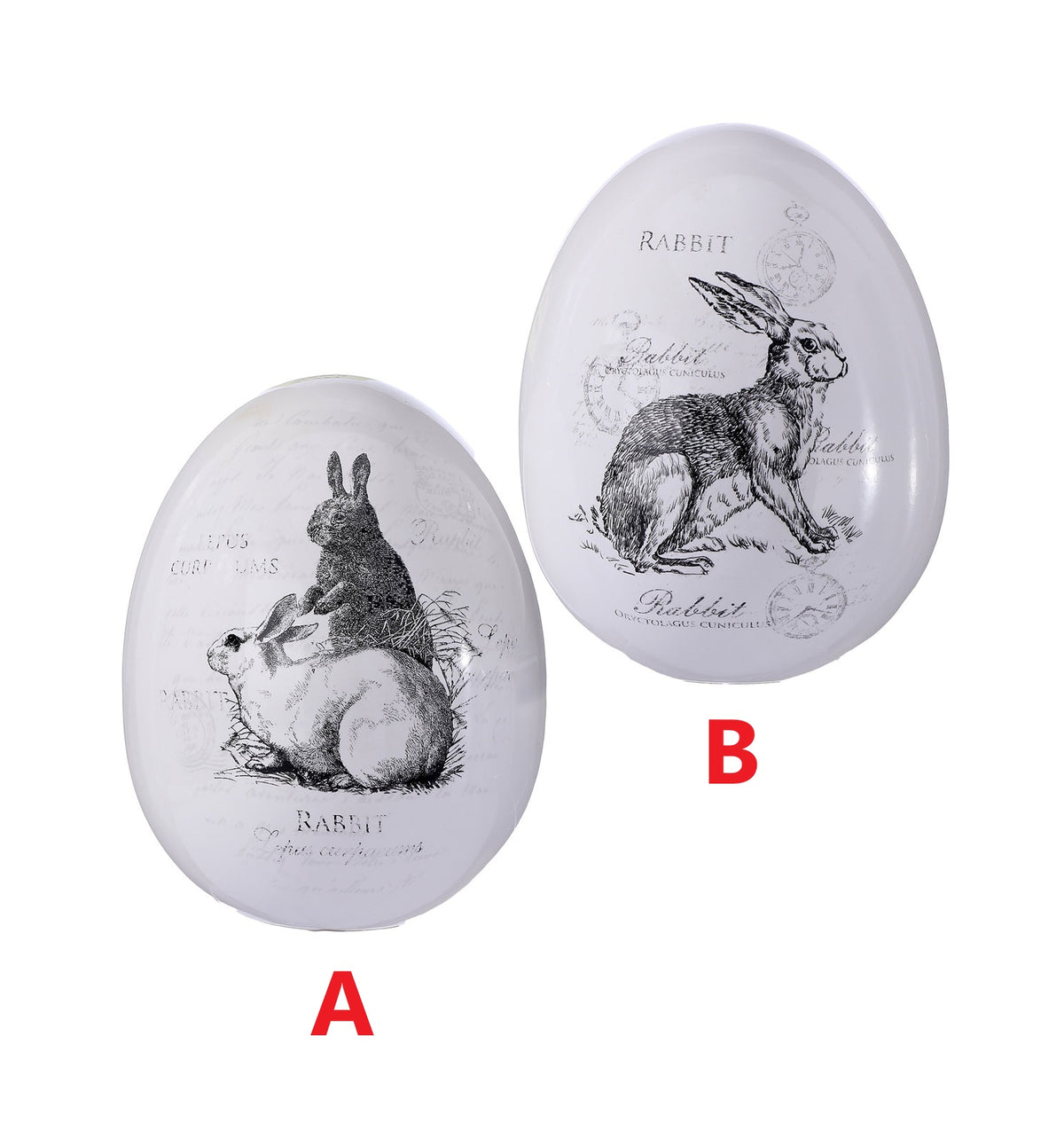 6-inch resin egg with white bunny print on a light gray dolomite background.