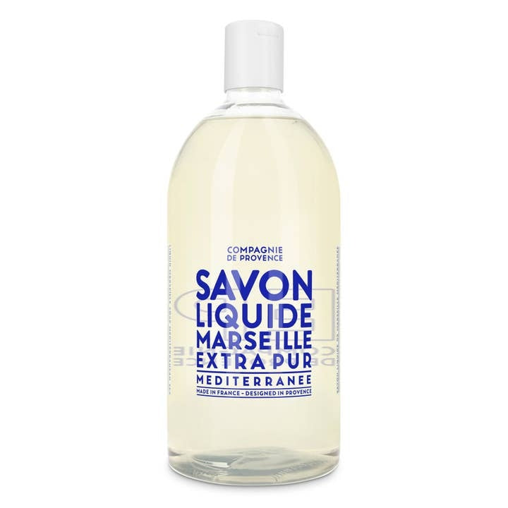 Refill bottle of Compagnie de Provence Mediterranean Sea Liquid Marseille Soap, 33.8 fl oz.