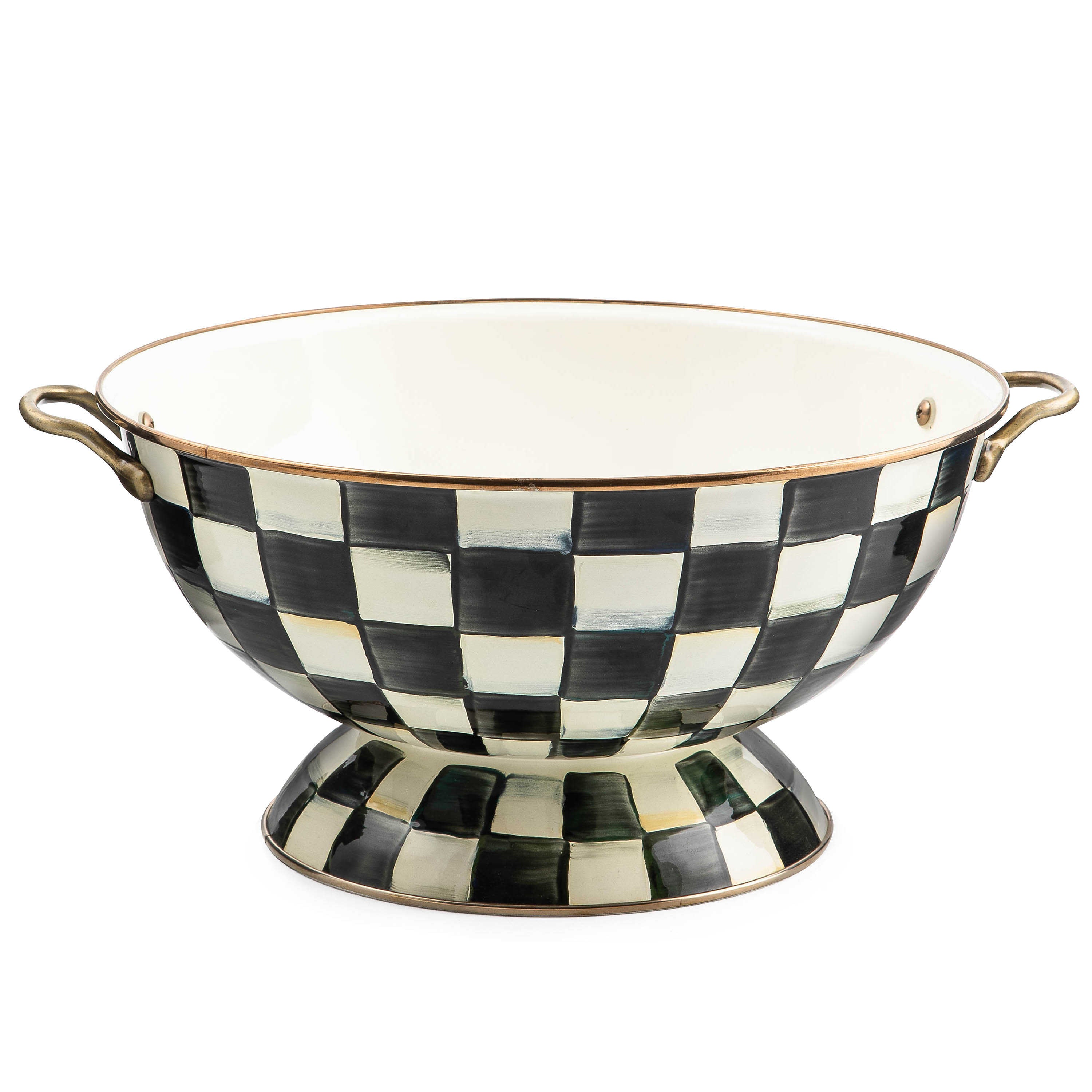 Courtly Check Enamel Everything Bowl with black and white hand-painted checks and brass handles.