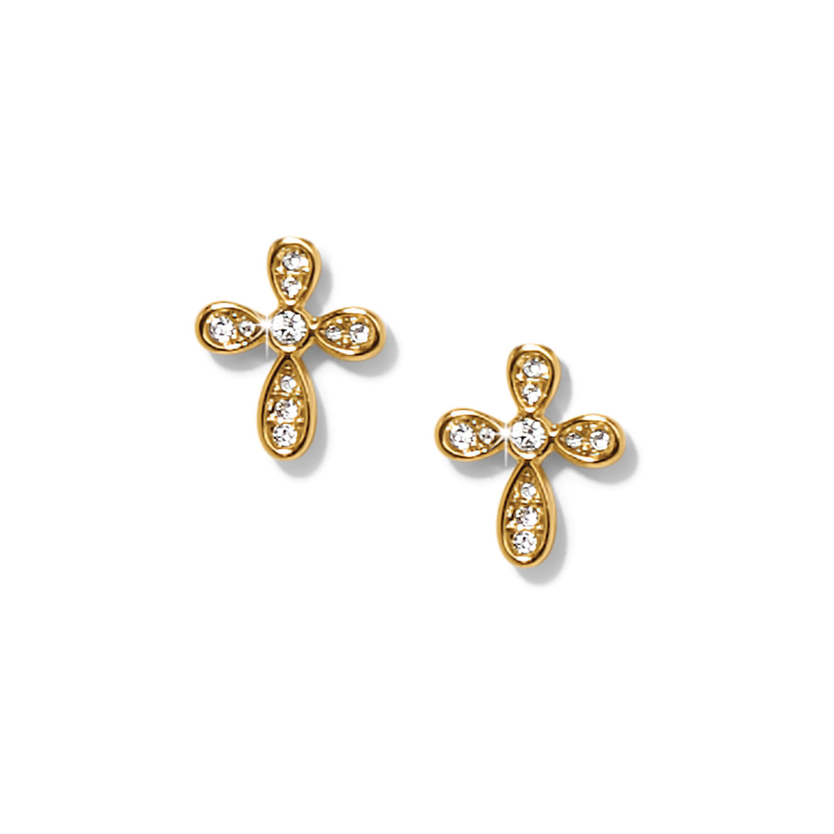 Gold plated post earrings featuring flat disc backs with fine quality crystals in a drop silhouette.