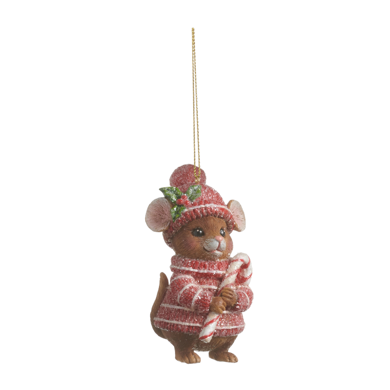 3.5-inch mouse Christmas ornament wearing a red and white striped sweater and hat with candy cane.