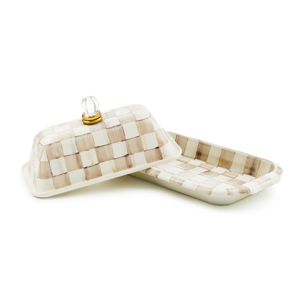 Hand-glazed steel butter box with mocha check pattern, brass accents, glass lid, and rectangular silhouette.