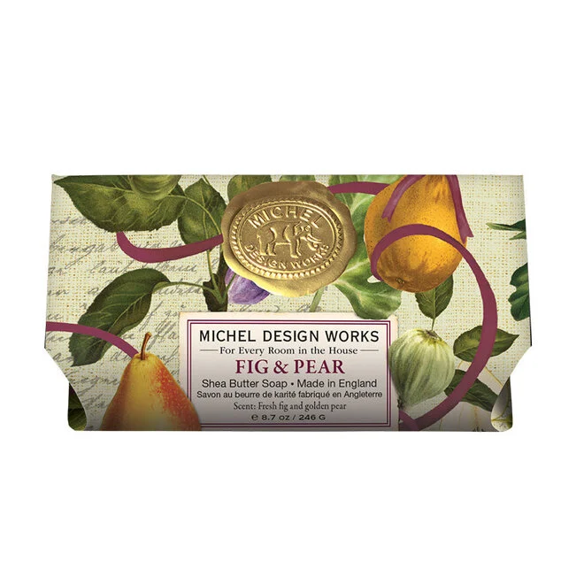 Michel Design Works Fig & Pear Shea Butter Soap bar in decorative botanical packaging.