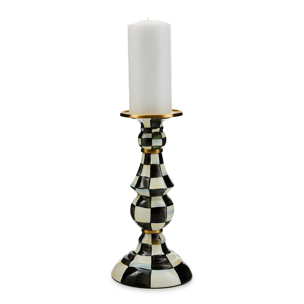 Large Courtly Check enamel pillar candlestick with hand-painted black and white checks and brass rim