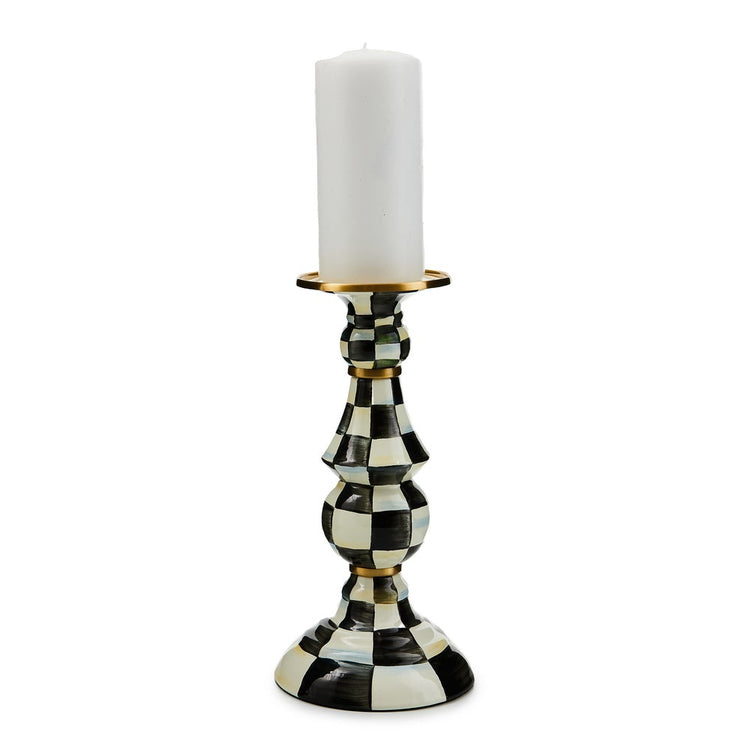 Large Courtly Check enamel pillar candlestick with hand-painted black and white checks and brass rim