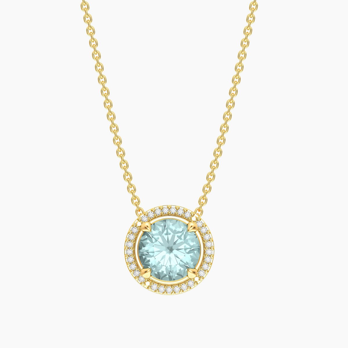Gold-plated birthstone pendant necklace with a round light blue center stone and diamond halo.