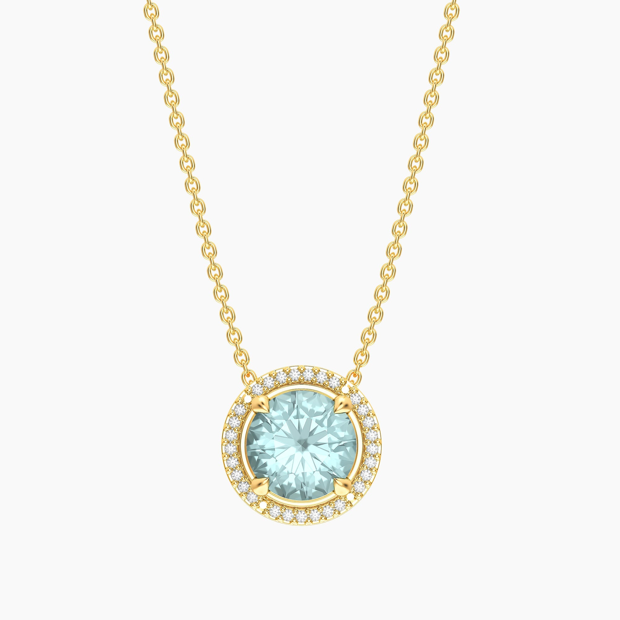 Gold-plated birthstone pendant necklace with a round light blue center stone and diamond halo.