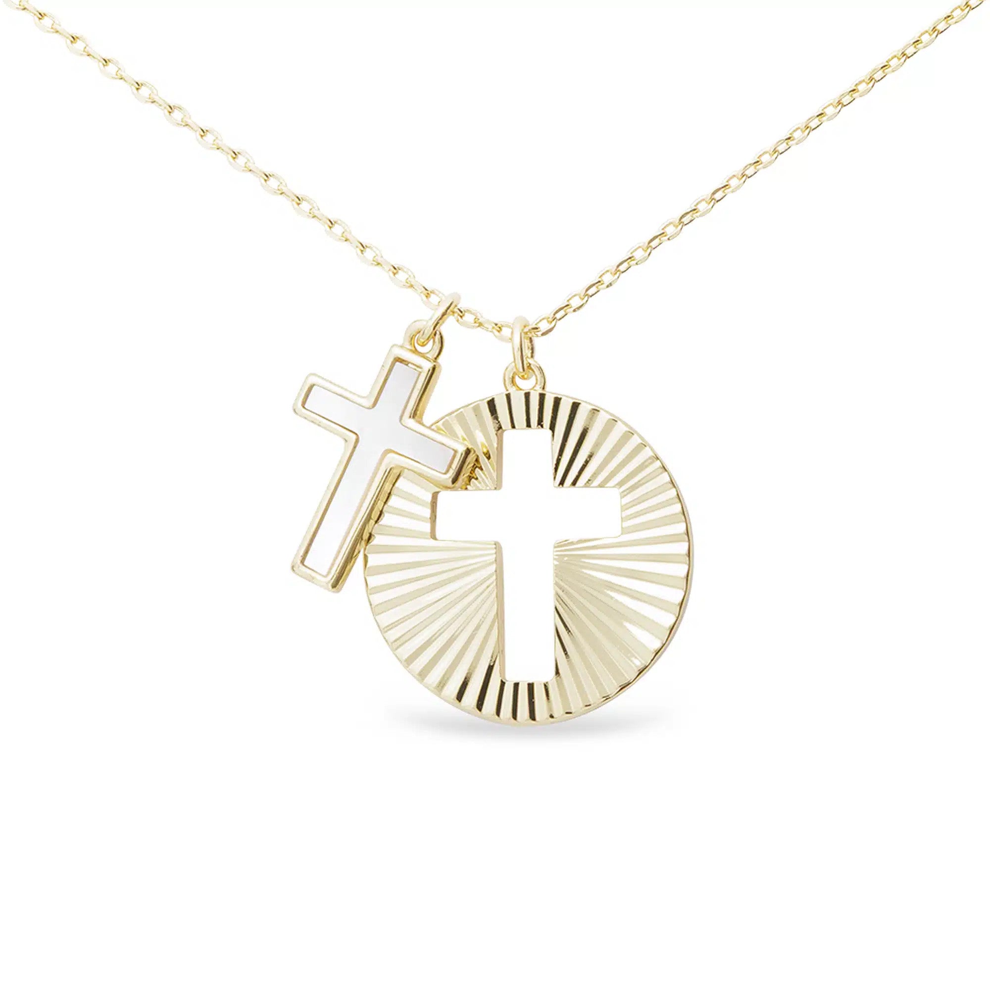 Gold necklace with a white Mother of Pearl cross charm and a sunburst disc cutout cross pendant.