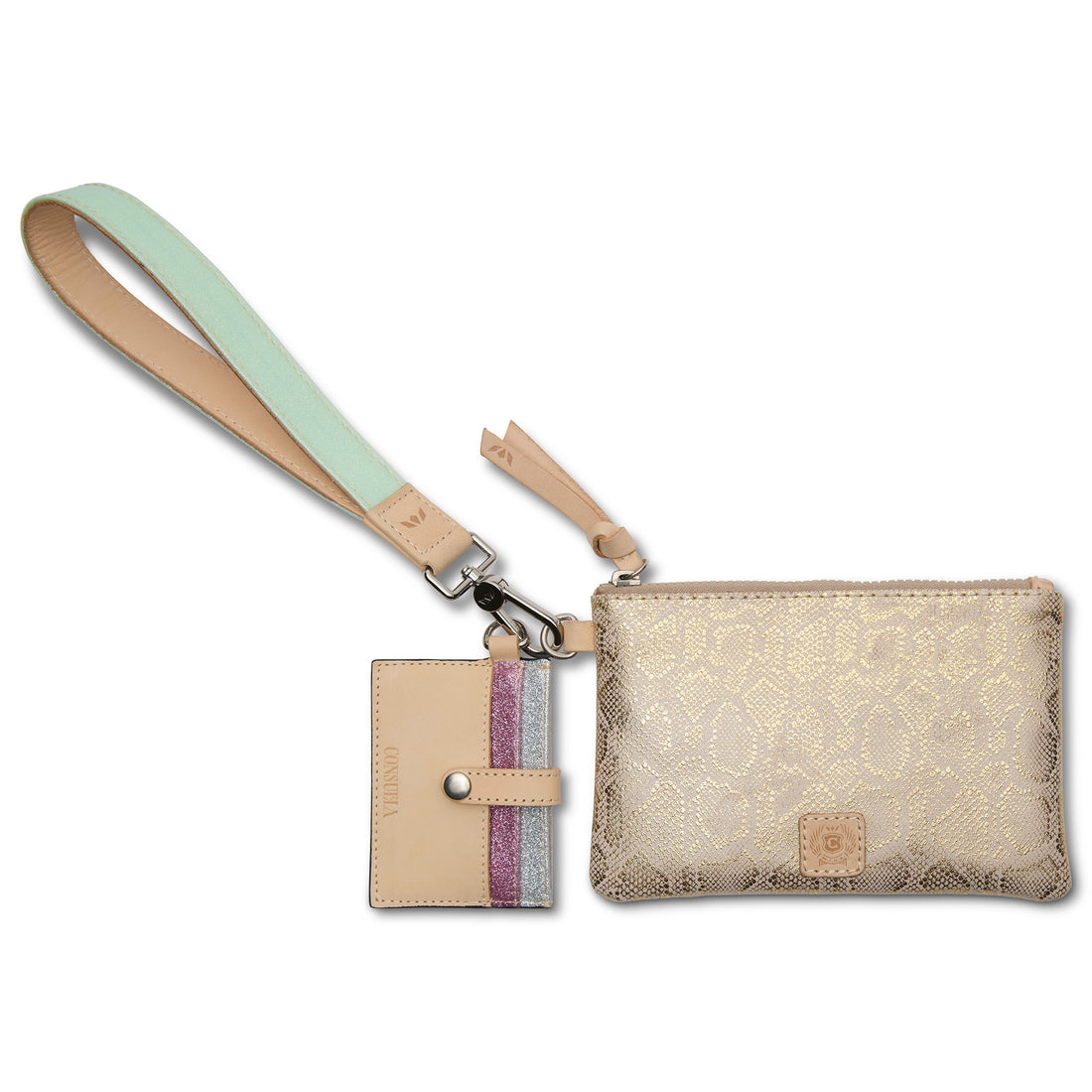 Diego leather wristlet with five card slots, D-ring pouch, and detachable cardholder.