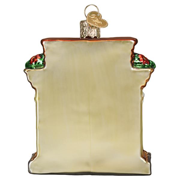 Back view of a glass Holiday Hearth Ornament with a gold heart-shaped charm and hanging loop.