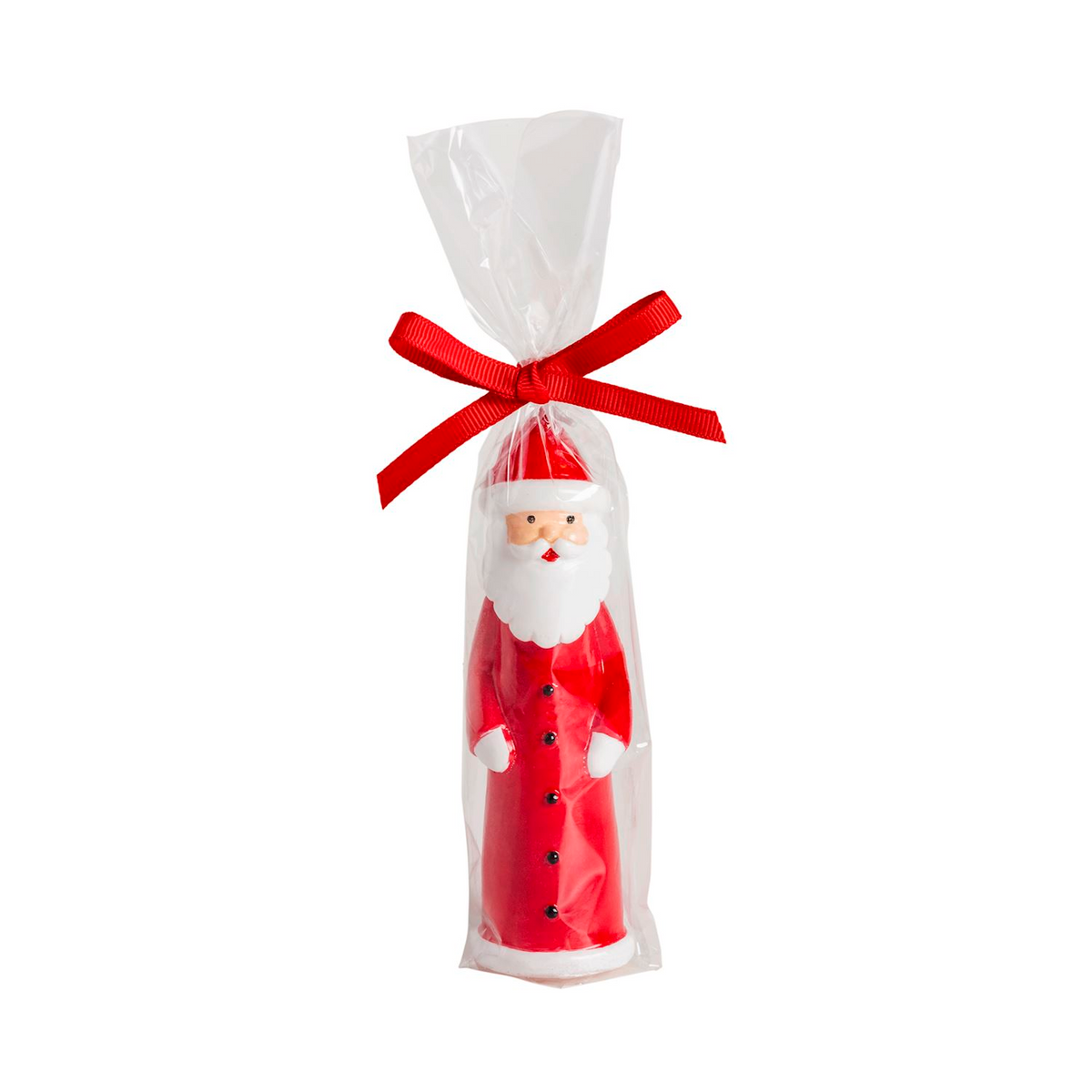 Lacquered wax Santa candle in clear cellophane wrapping with a red bow.
