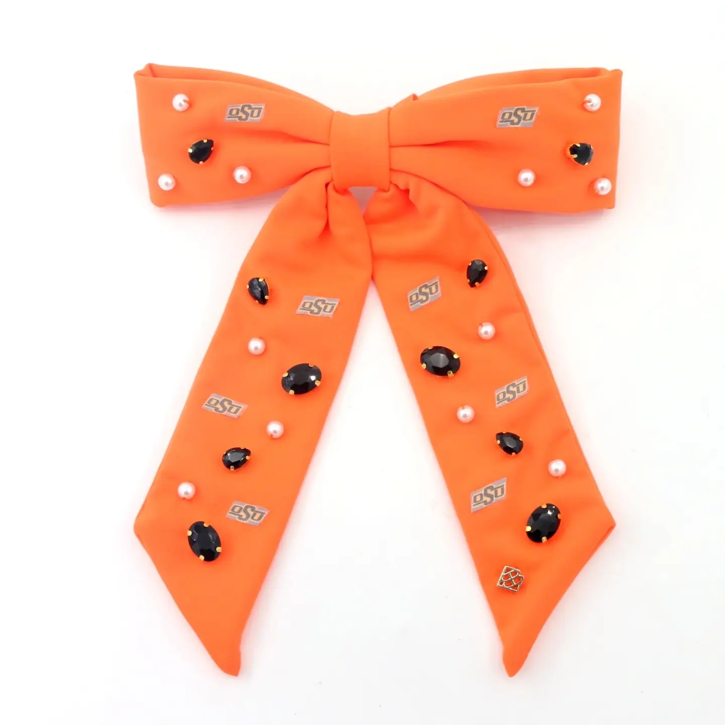Bow barrette with University of Arkansas gold logo charms and hand-sewn resin pearls.