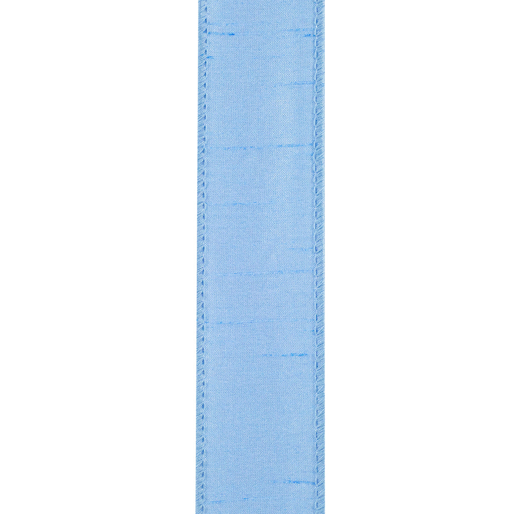 Light blue 1-1/2 inch Dupioni Supreme wired edge ribbon with a textured finish.