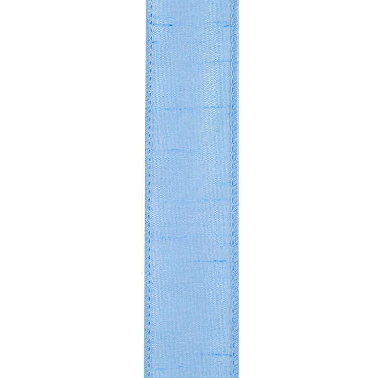 Light blue 1-1/2 inch Dupioni Supreme wired edge ribbon with a textured finish.